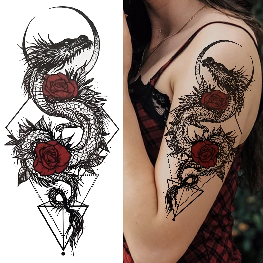 Sdrawing Compass Lion Rose Temporary Tattoo For Men Adults Realistic Fake Tiger Crown Cross Tattoo Sticker Thigh Half Sleeve Tatoo