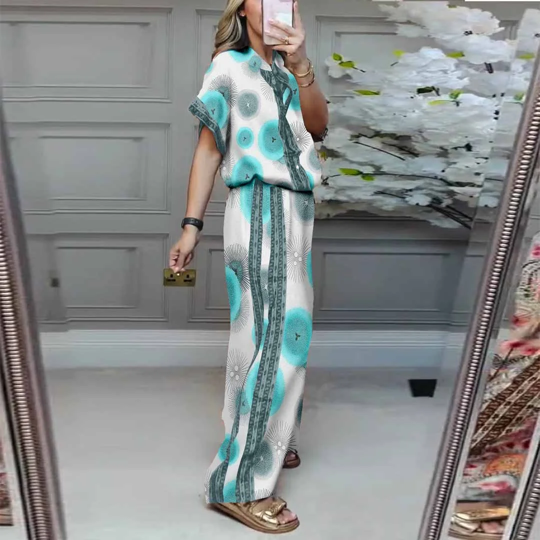 Women Floral,Blue,Gray DZDL1123 V-neck Short Sleeve Blouse and Pants Set