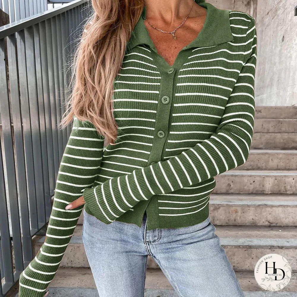 Women Casual Lapel Button-up Knitted Cardigan Fashion Striped Print Long Sleeve Tops Autumn Winter Commute Slim Sweater Jumpers