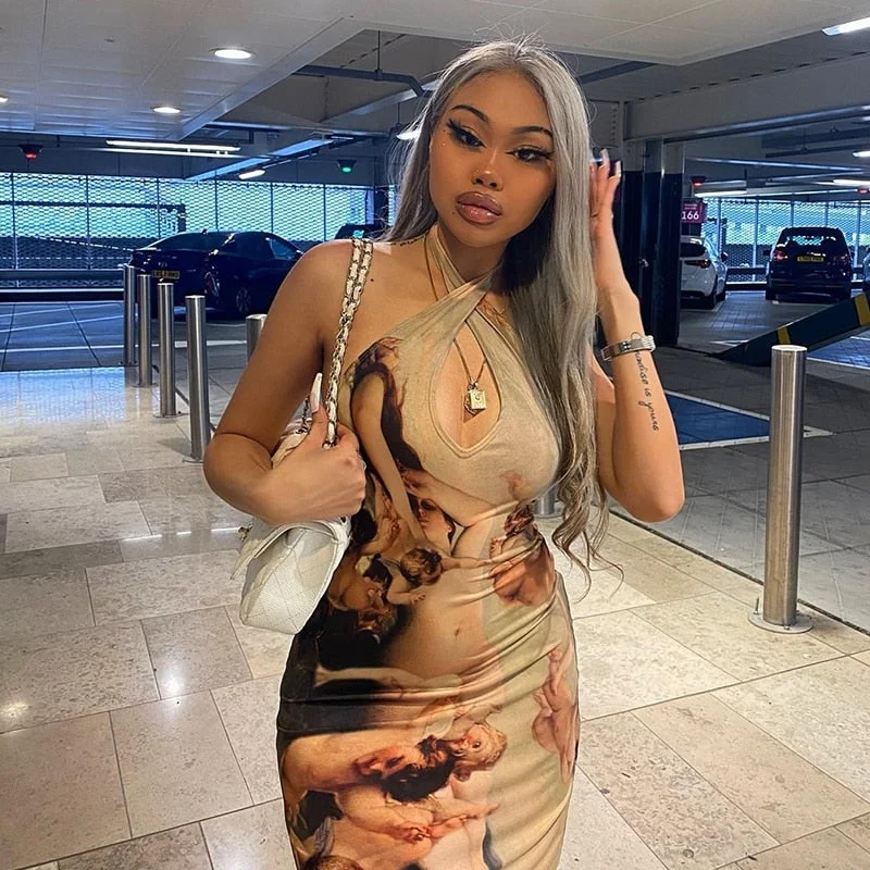 Women Summer Halter V Neck Sleeveless Printed Bodycon Party Mini Dress Female Clothing Streetwear