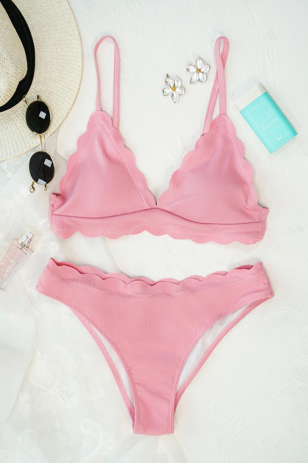 FashionV-FashionV Pink Scallop Spaghetti Strap Triangle Bikini Swimwear