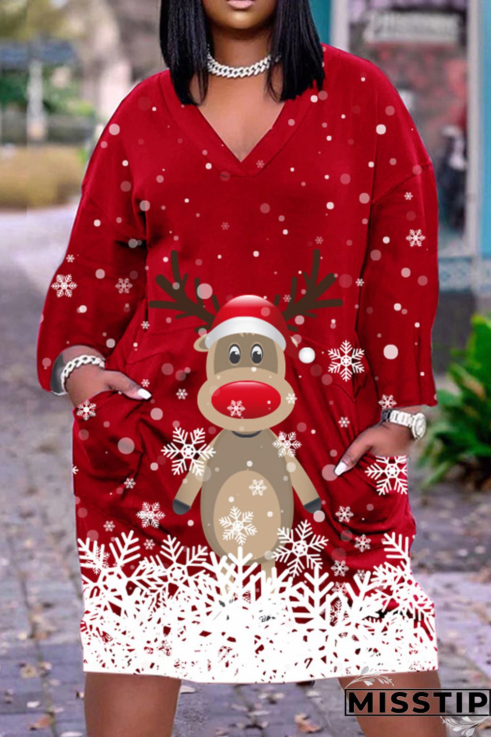 Black Casual Print Patchwork V Neck Long Sleeve Dresses