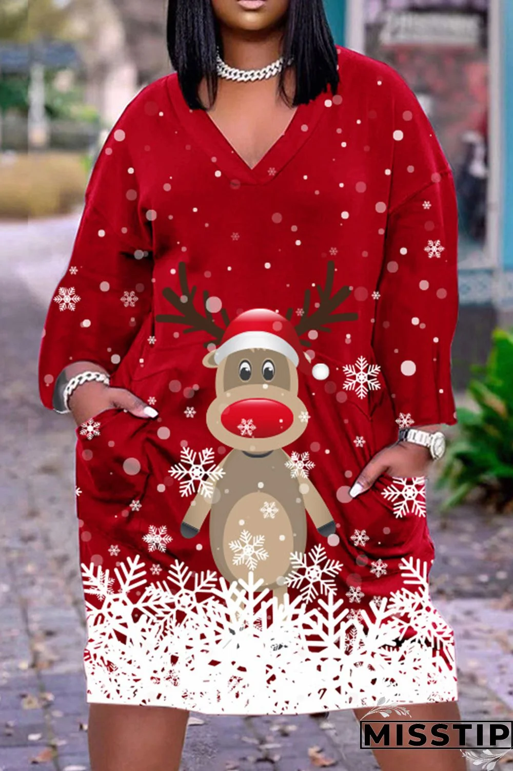 Black Casual Print Patchwork V Neck Long Sleeve Dresses