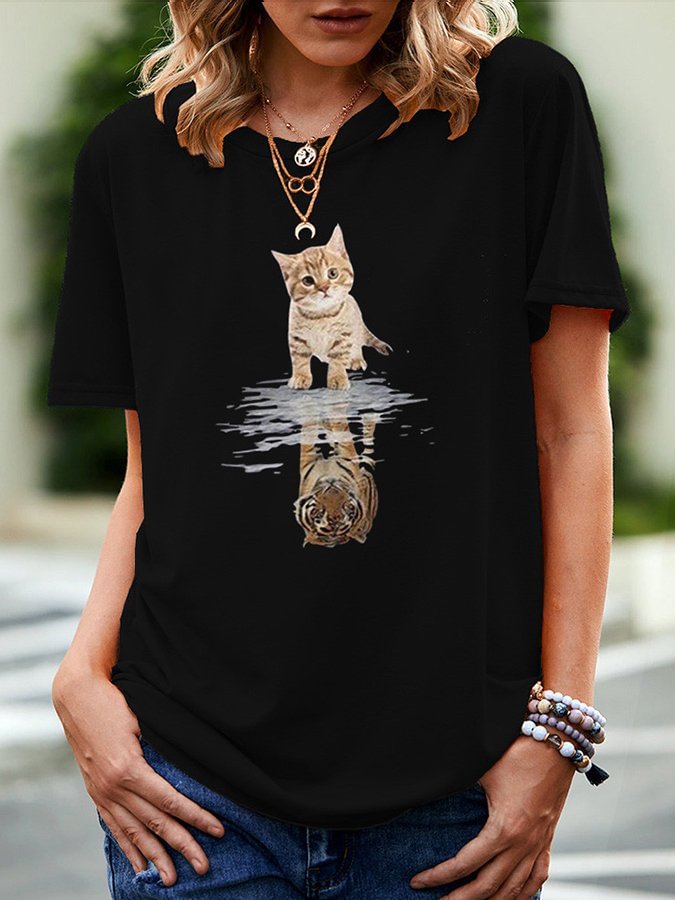 Women's Cat Tiger Print Crew Neck Short Sleeve T-Shirt