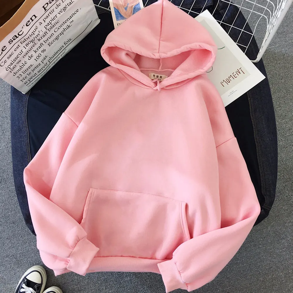 Women Harajuku Solid Hoodies Casual Warm Hooded Women Sweatshirt Winter Long Sleeve Plus Velvet Oversized Hoodies Streetwear