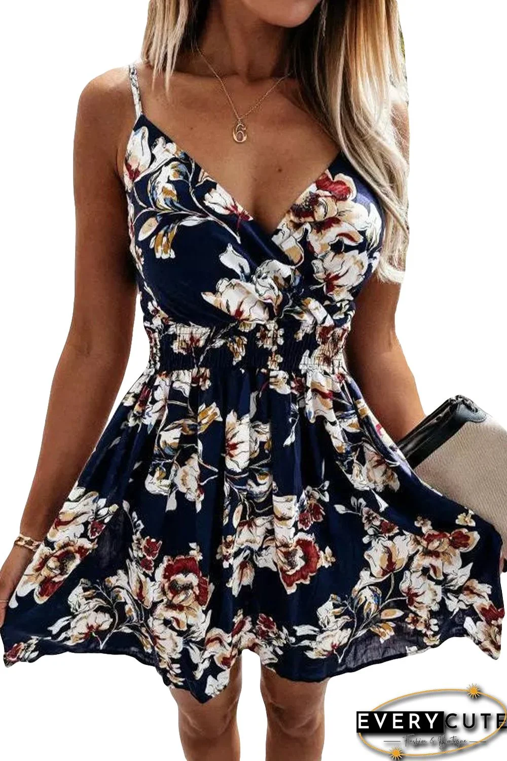 Blue Floral Print Surplice V Neck Sleeveless Short Dress