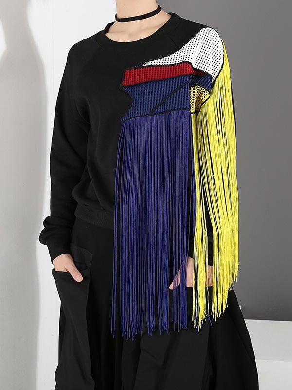 Stitching Color Tassel Round Neck Sweatshirt