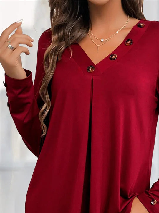 Women Long Sleeve V-neck Solid Button Tops