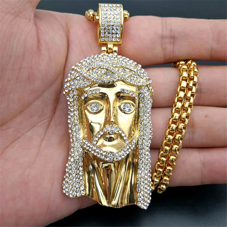 Rhinestones Golden Big Jesus Christ Piece Necklace Pendant-VESSFUL
