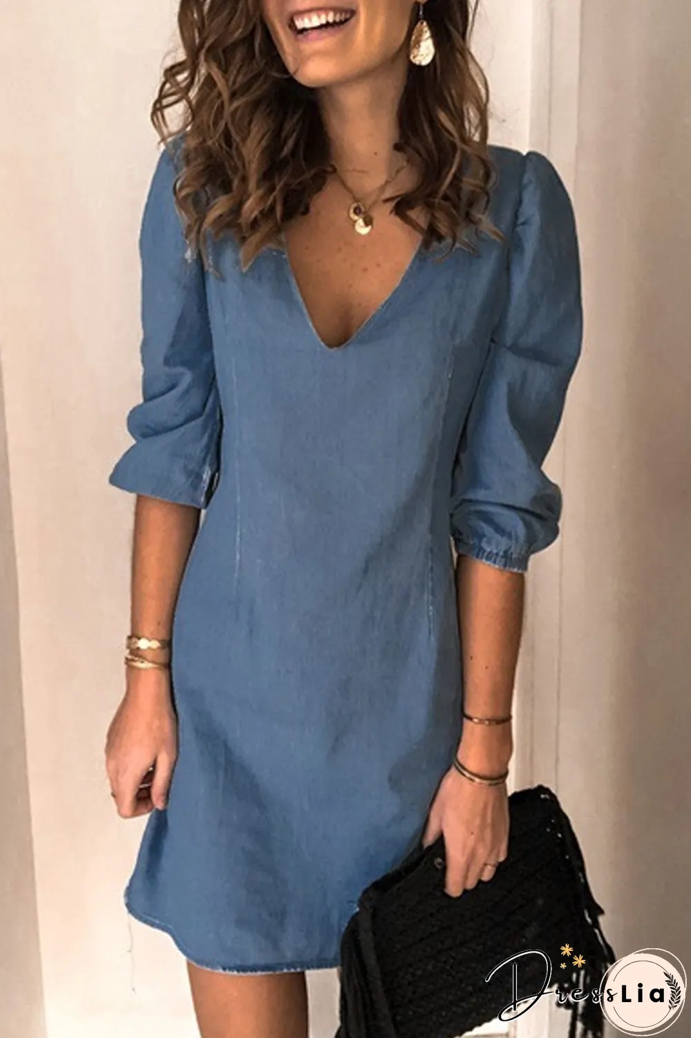 Denim Lantern Sleeve V-Neck Straight Dress