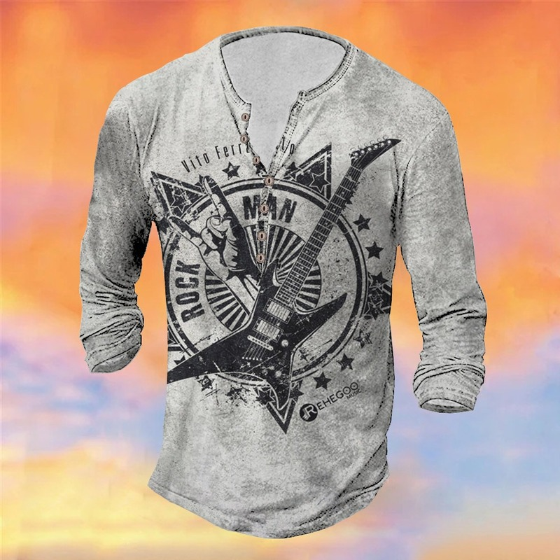 Men‘s Vintage Guitar Print Long Sleeve Henry T-shirt 