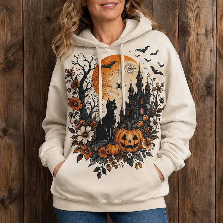 Women's Casual Hooded Sweatshirt In Off-white With Halloween Black Cat, Haunted Castle, Pumpkin, And Floral Wreath Print