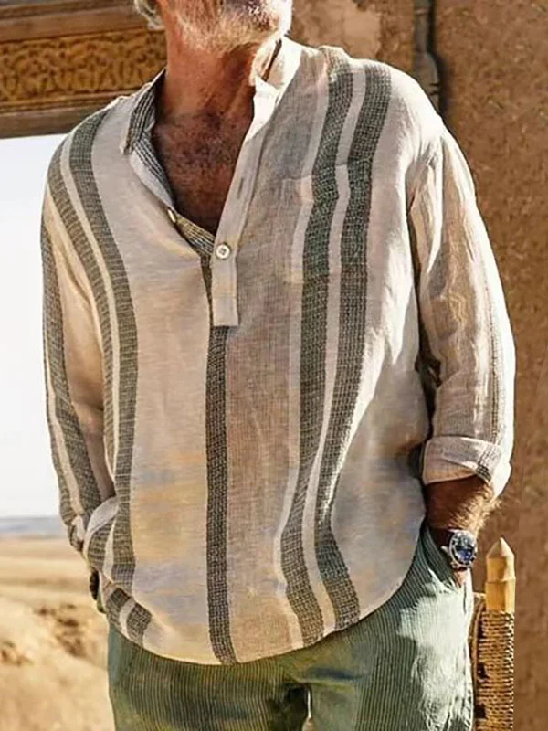 Men's Striped Half Button Chest Pocket Cotton And Linen Shirt