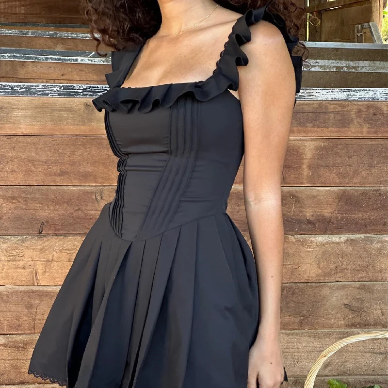 Uveng Uveng Summer New French Temperament Square Collar Wood Ear Fish Bone Harness Dress Female