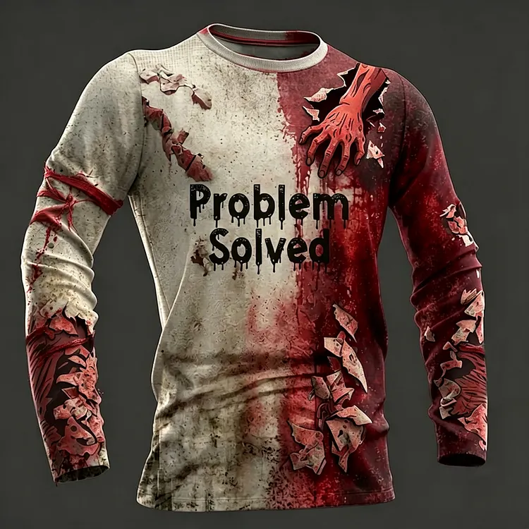 Men's Classic Halloween Bloody Hand With Bloody Problem Solved Art Long Sleeves T-shirt