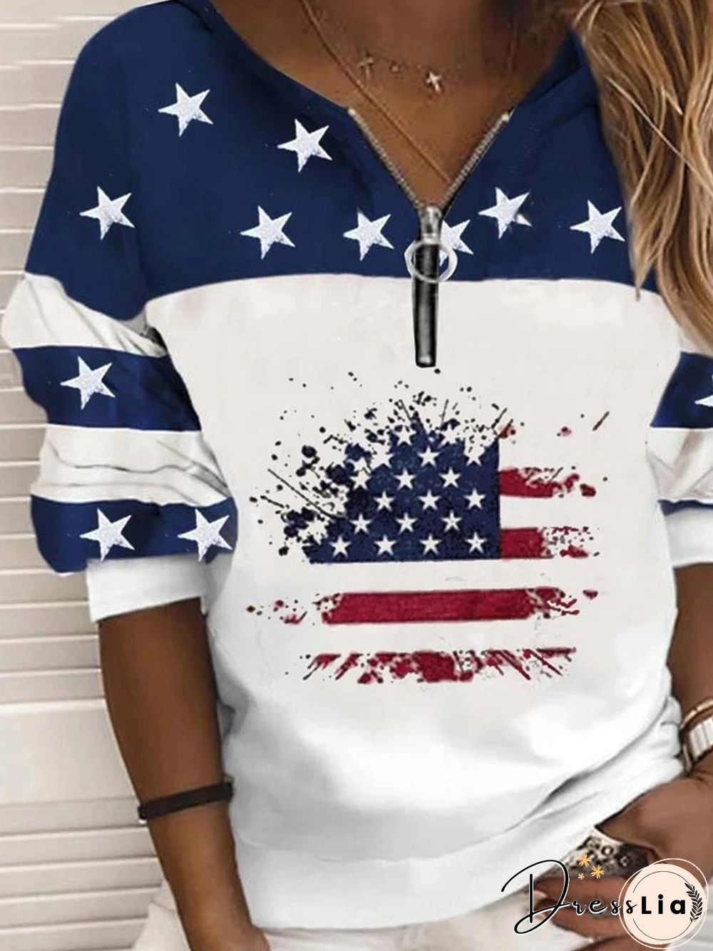 Casual Hippie Stars Zipper Flag Printed Round Neck Sweatshirts