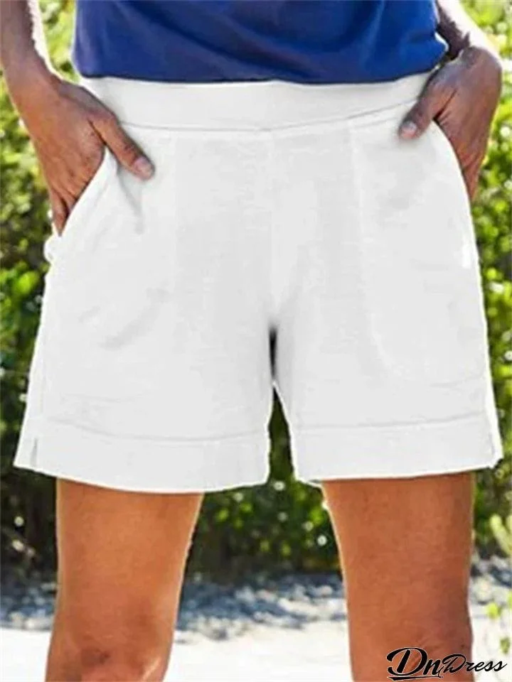 Solid Leisure Elastic Waist Summer Shorts for Ladies