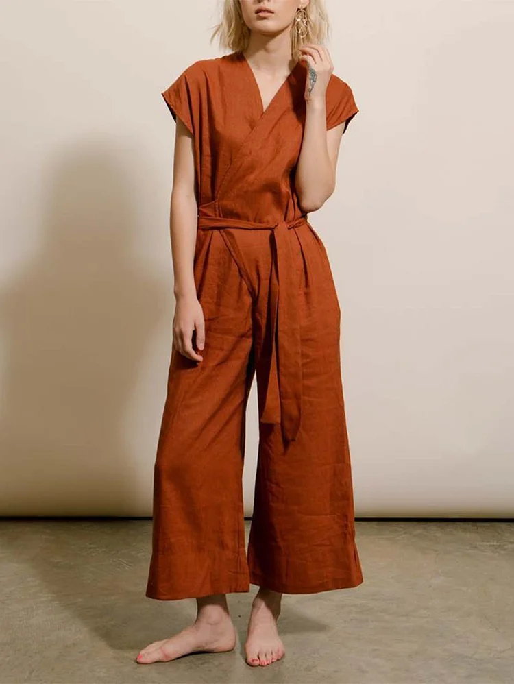 *Vintage Wide Leg Linen Wrap Jumpsuit