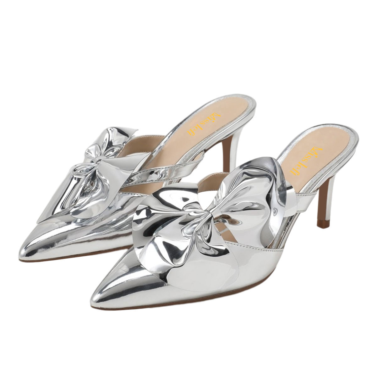 Silver Metallic Pointed Toe Stiletto Heel Mules Shoes with Bow Nicepairs