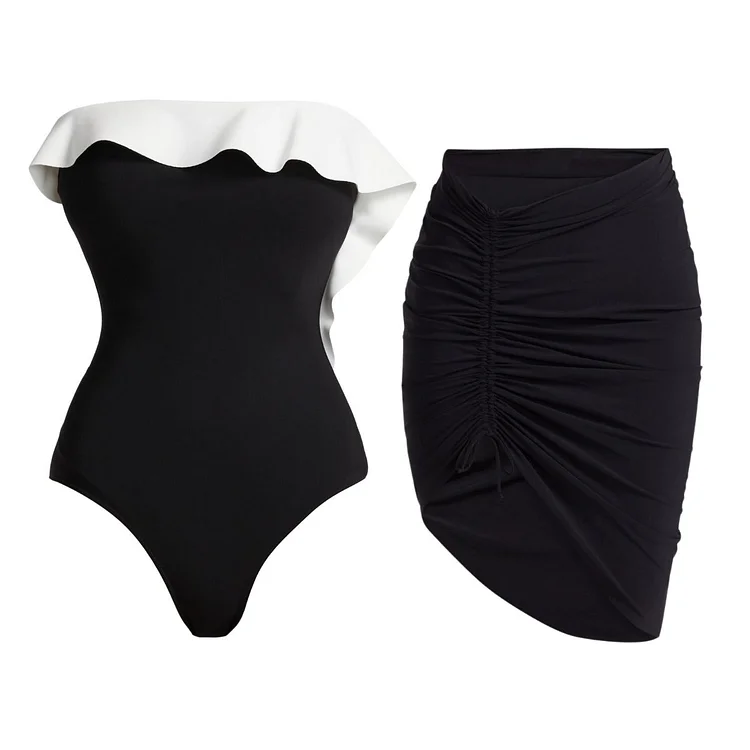 Ruffled Color One Piece Swimsuit and Skirt