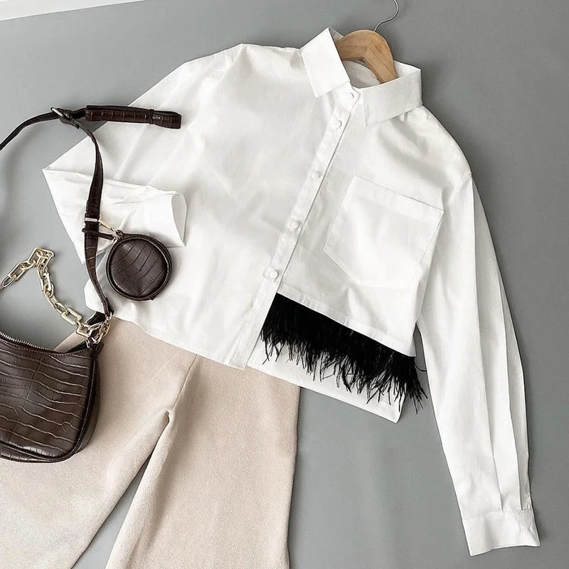 Back to school  Casual Long Sleeve Feather Patchwork White Shirt Women Spring Button Up Lapel Chic Blouse Streetwear Simple Crop Top Oversized