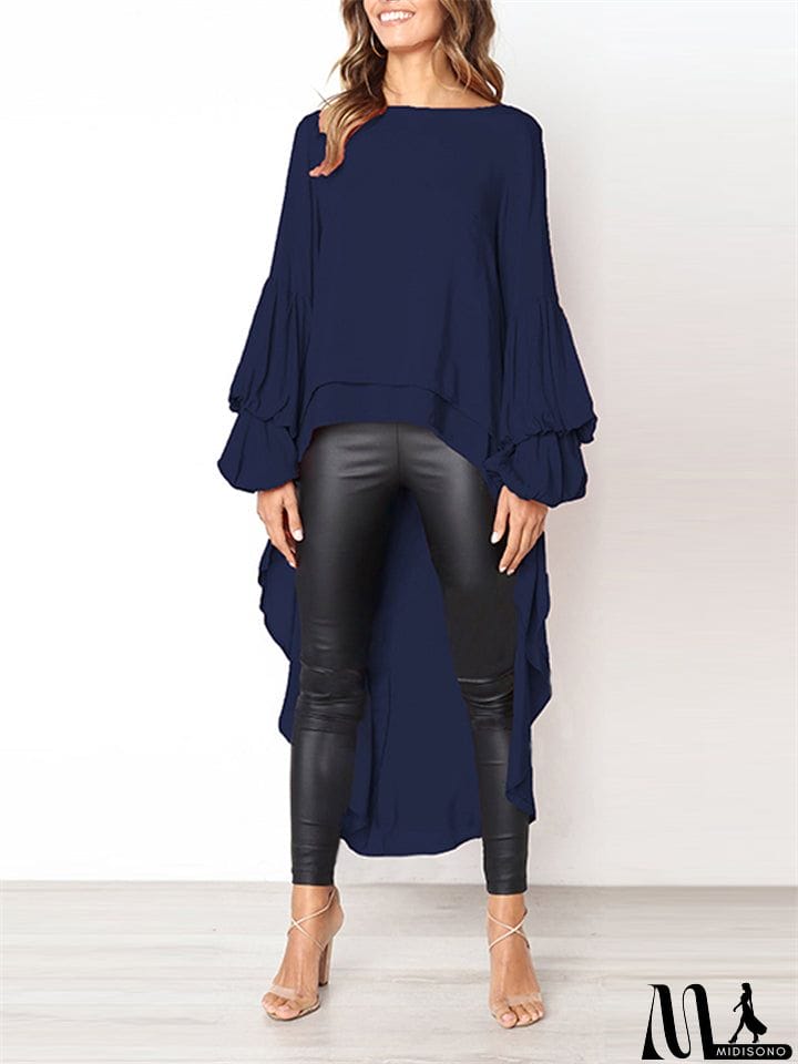 MidiSono - Ladies Leisure Chiffon Lantern Sleeve Irregular Hem Shirts