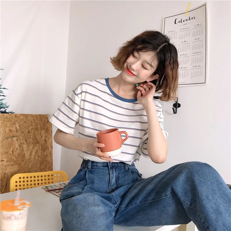 Uveng Uveng T-Shirt Women 2024 New Summer College Wind Loose Show Thin Stripe Students On Clothes Women's T-Shirt Ins Tide