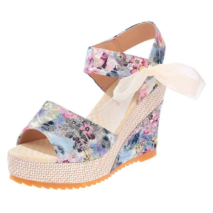Women Floral Print Bowknot Espadrille Wedge Sandals