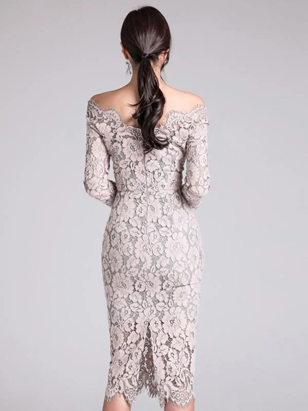 Elegant one-neck low-cut lace three-quarter sleeve dress with hips