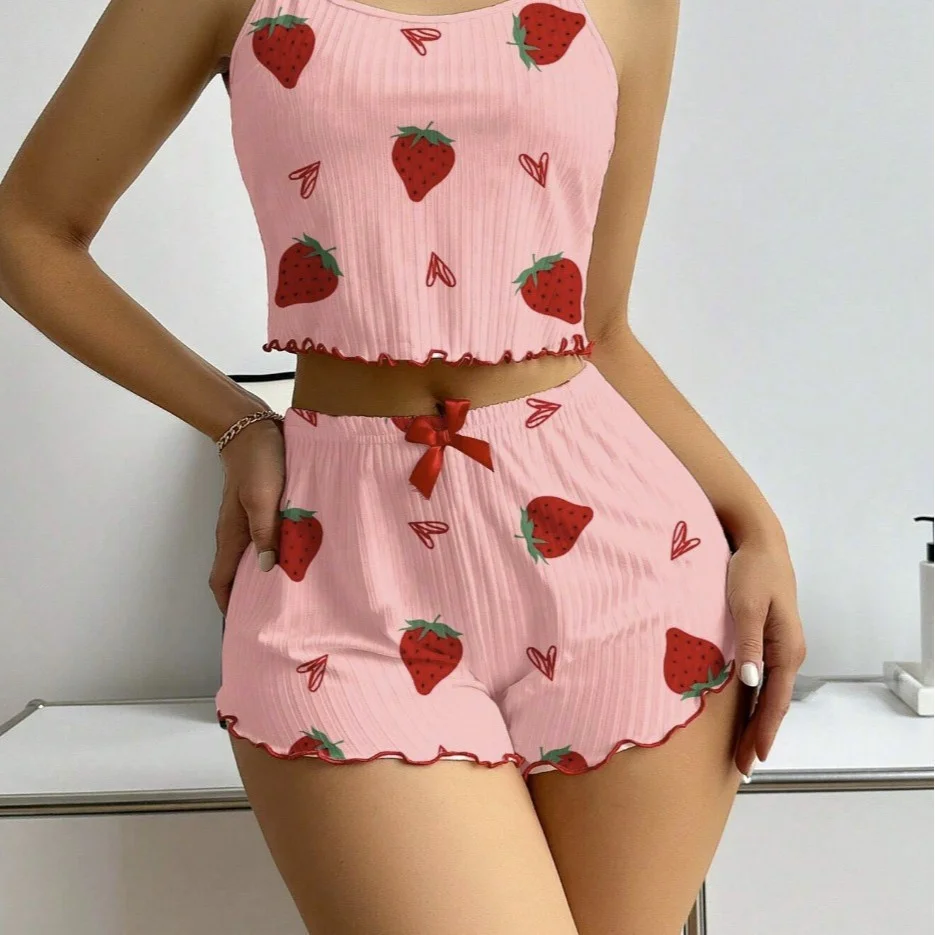 Uveng Strawberry Love Pajamas Women's Sling Vest Shorts Set Printed Homewear