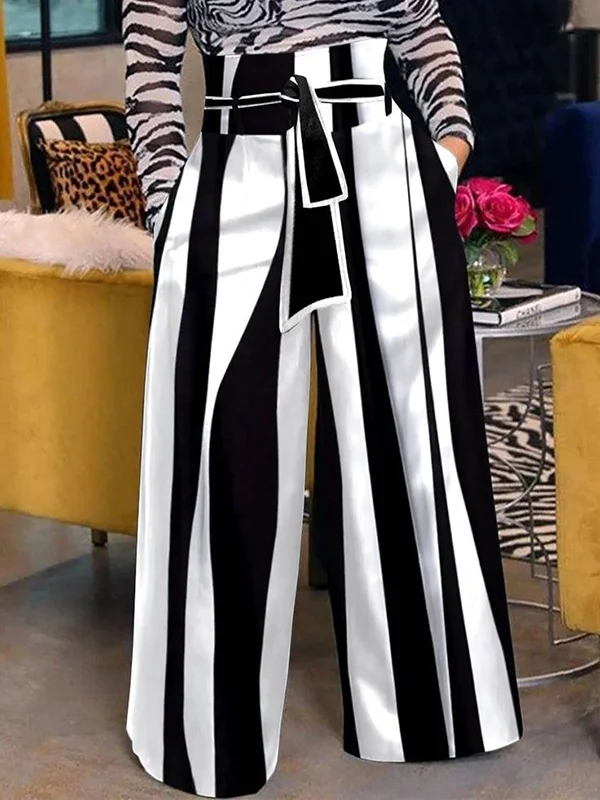 Striped Tied Waist High Waisted Loose Trousers Pants
