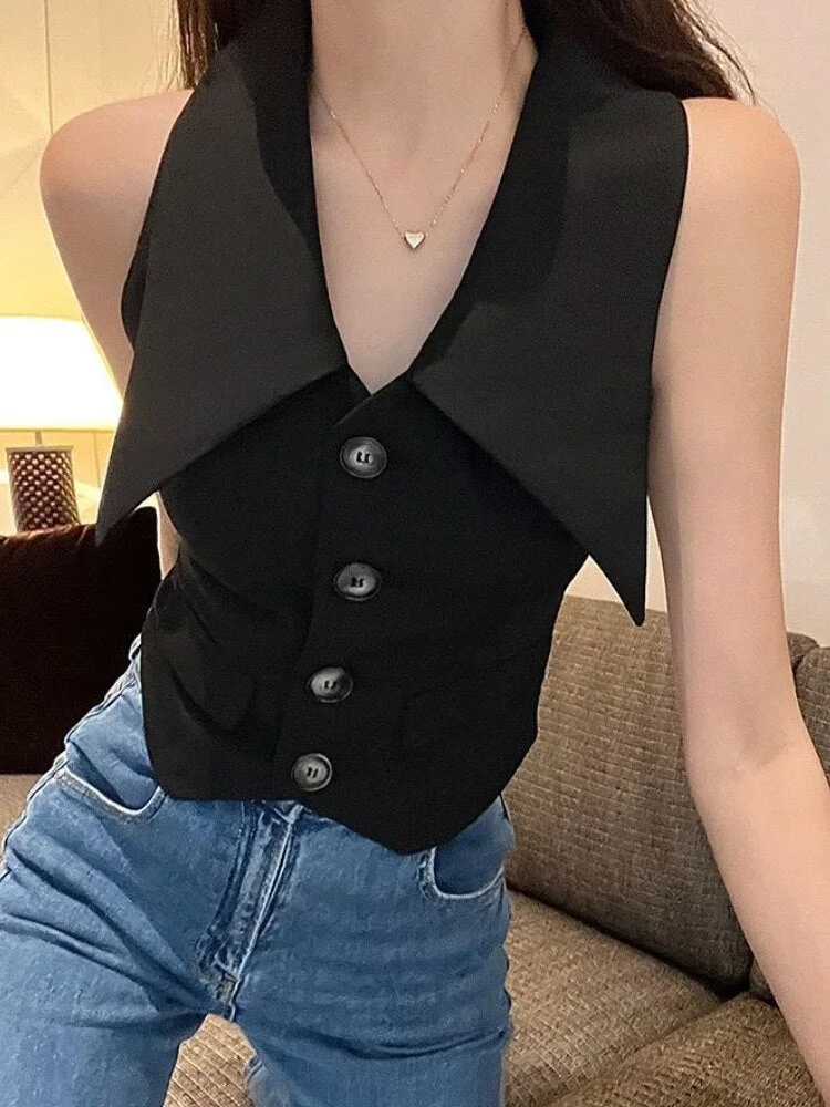 tlbang Women Slim Sexy Design Elegant Crop French Style Personality Summer Turn-down Collar Simple Pure Ladies All-match Office