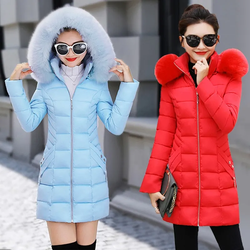 Winter Female Long Jacket Winter Coat Women Fake Fur Collar Warm Woman Parka Outerwear Down Jacket Winter Jacket Women Coat N204