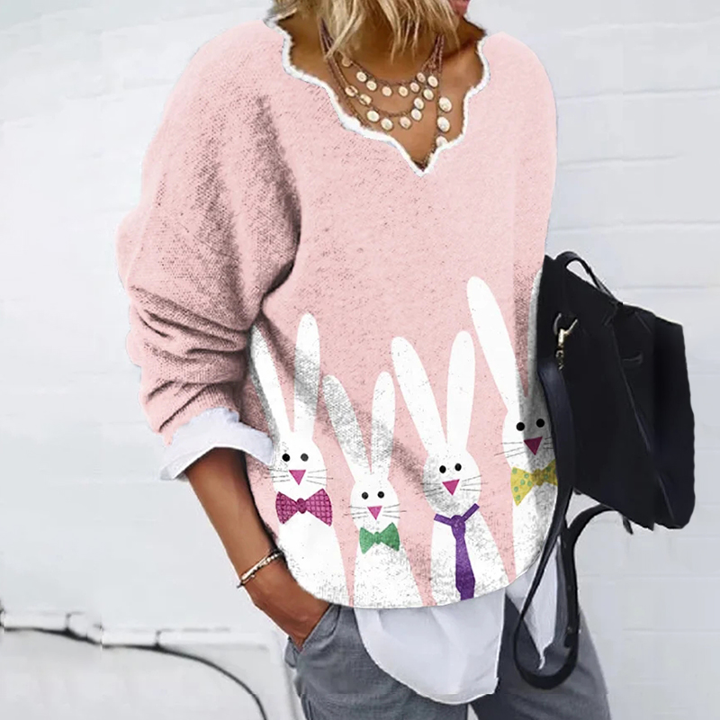 Women's Easter Bunny Print V-Neck Top wearshes