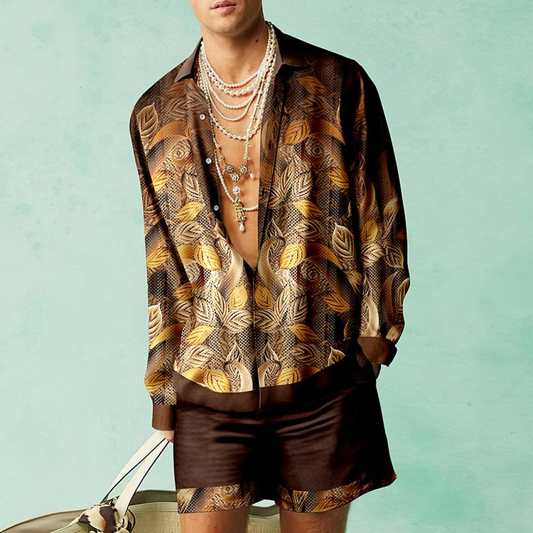 Thoval Fashion 3D Print Two Piece Set Men Long Sleeve Lapel Shirts And Shorts Casual Loose Suits Summer Hawaiian Beach Outfits Male
