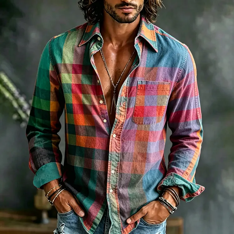 Men's Retro Geometric Print Linen Blend Long-sleeve Shirt