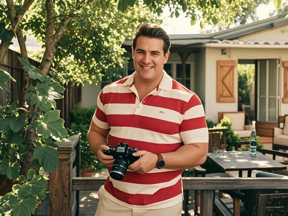 A big and tall man wear striped polo shirts
