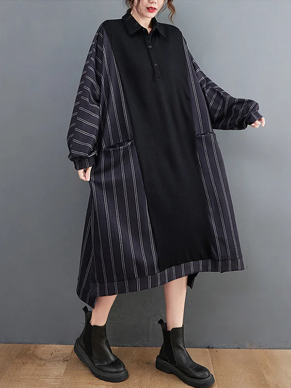 Striped Splicing Bat Sleeve Loose Midi Dress - yankia