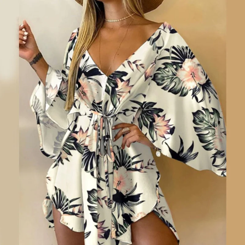 Casual Leaf Leopard Print Harajuku Batwing Sleeve Dress Lady Elegant Lace-Up Irregular Party Dress Sexy V-Neck Women Mini Dress