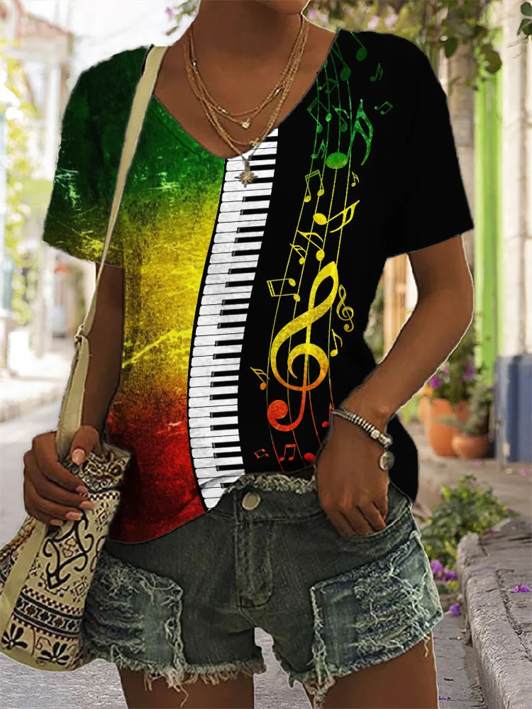 Rasta Gradient Music Notes Piano Contrast T Shirt