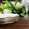 10 Pack | 6" White Hard Plastic Dessert Plates with Gold Ruffled Rim, Heavy Duty Disposable Salad Appetizer Dinnerware