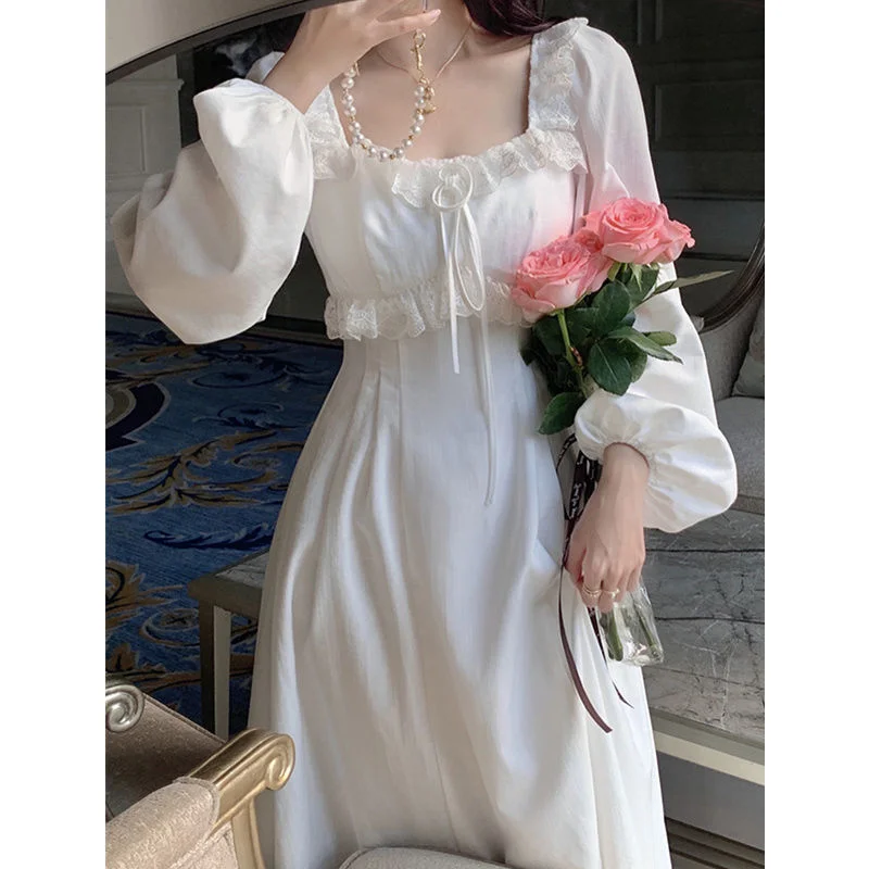 Vintage Elegant Fairy Princess White Lace Dress Woman French Retro Square Collar Designer Slim Dress 2022 Autumn Clothes