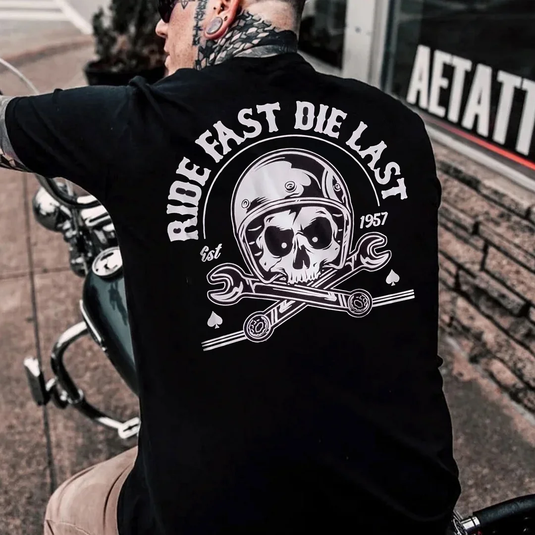 RIDE FAST DIE LAST Skull with Helmet Black Print T-Shirt