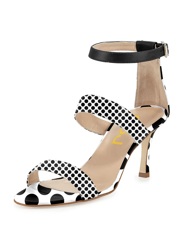 Women's Leila Black and White Dots Mid-heel Ankle Strap Sandals |FSJ Shoes