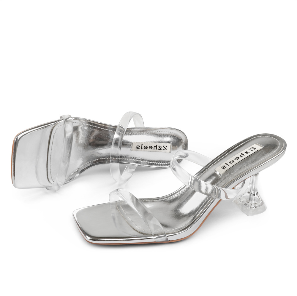 7cm/2.76''   Clear Chunky Heels for Women Low Heels Square Toe Shoes Sandals Women's Slippers