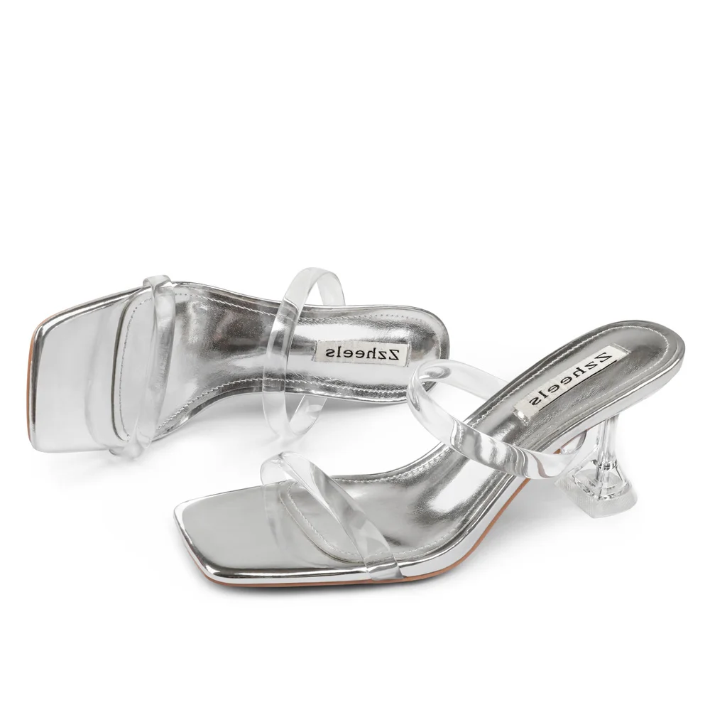 7cm/2.76''   Clear Chunky Heels for Women Low Heels Square Toe Shoes Sandals Women's Slippers