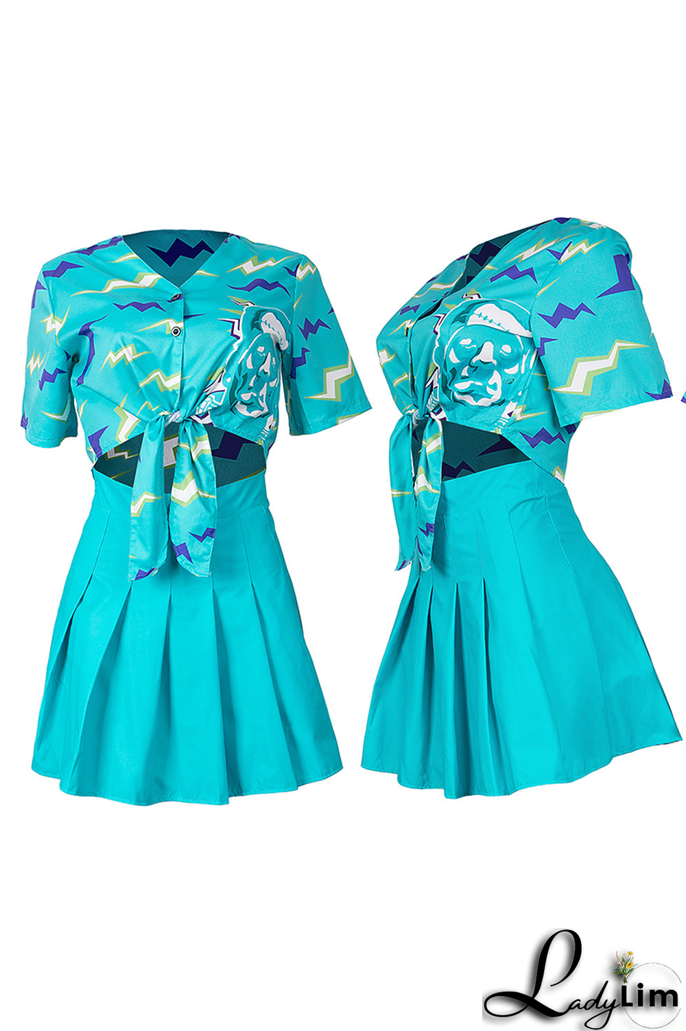 Tangerine Red Casual Print Patchwork Turndown Collar Half Sleeve Two Pieces