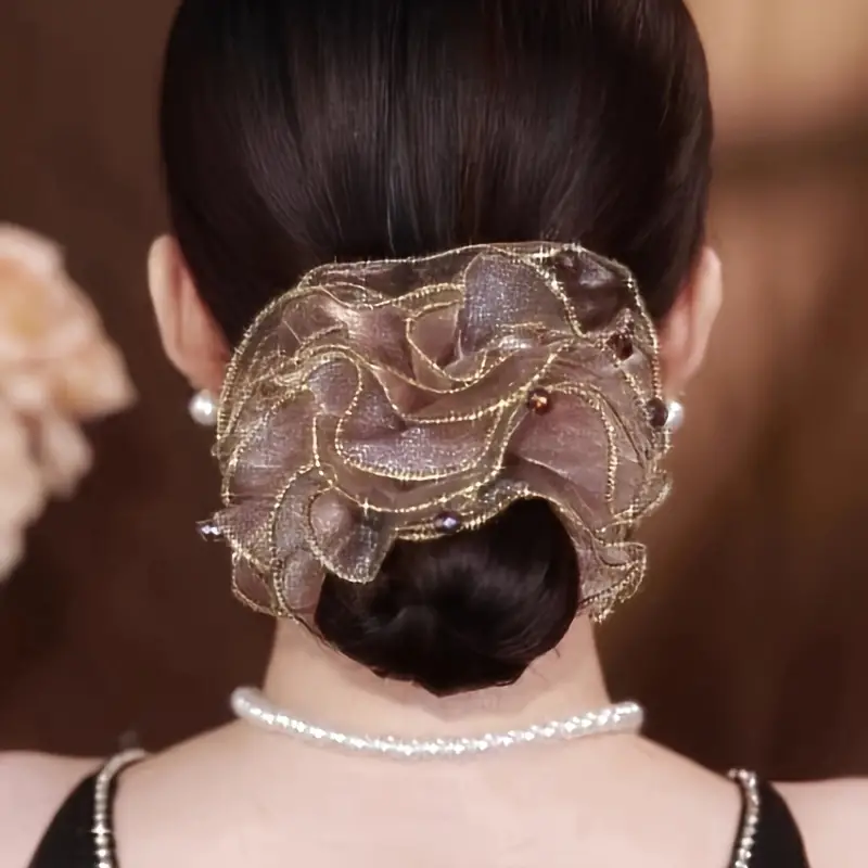 elegant beads decorative mesh flower hair loop elastic hair rope vintage hair styling accessories for women and daily use details 1
