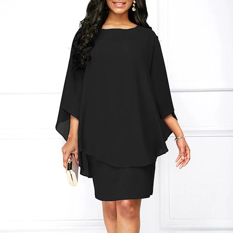 Plus Size Dress Chiffon Lace Solid Color Crewneck Sexy Party Dress