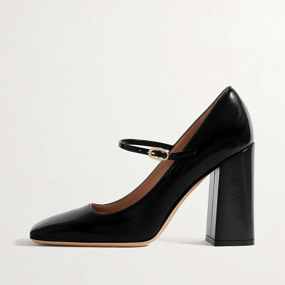 Black Patent Leather Square Toe 4'' Chunky Heel Mary Jane Pumps Nicepairs